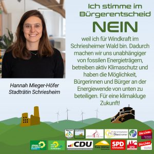 Ich stimme im Bürgerentscheid NEIN, weil ich für Windkraft im Schriesheimer Wald bin. Dadurch machen wir uns unabhängiger von fossilen Energieträgern, betreiben aktiv Klimaschutz und haben die Möglichkeit, Bürgerinnen und Bürger an der Energiewende von unten zu beteiligen. Für eine klimakluge Zukunft!