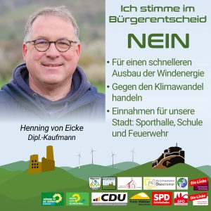 Ich stimme im Bürgerentscheid NEIN: Für einen schnelleren Ausbau der Windenergie - Gegen den Klimawandel handeln - Einnahmen für unsere Stadt: Sporthalle, Schule und Feuerwehr